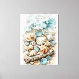 Kustschelpen Watercolorschets Drijfhout Scene Canvas Afdruk