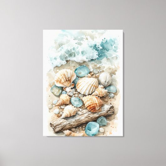 Kustschelpen Watercolorschets Drijfhout Scene Canvas Afdruk (Voorkant)