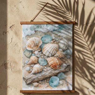 Kustschelpen Watercolorschets Drijfhout Scene Hangend Wandkleed