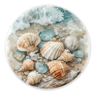 Kustschelpen Watercolorschets Drijfhout Scene Keramische Knop