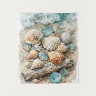 Kustschelpen Watercolorschets Drijfhout Scene Wandkleed