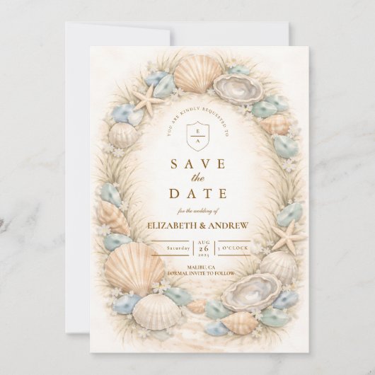 Kustschelpkrans Bruiloft Save The Date (Voorkant)