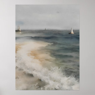 Kustschilderij waterverf met zeilboten -  poster