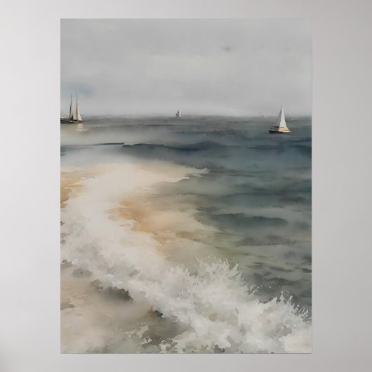 Kustschilderij waterverf met zeilboten -  poster (Voorkant)