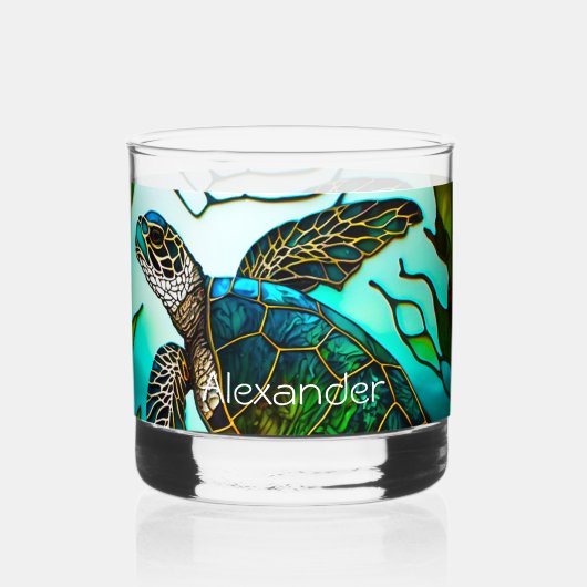 Kustschildpad Zee tropisch Blauwgroen blauw groen Whisky Glas (Achterkant)