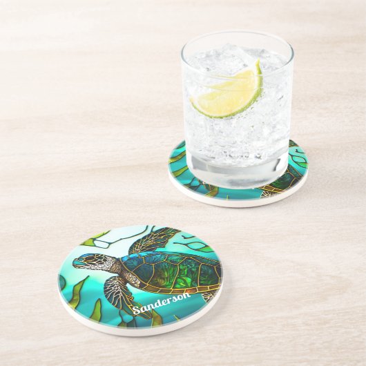 Kustschildpad Zee tropisch Blauwgroen blauw groen Zandsteen Onderzetter (Zijkant)