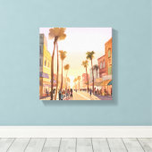Kuststad bij zonsondergang | Waterverf palmboom aa Canvas Afdruk (Insitu (Houten vloer))
