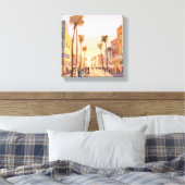 Kuststad bij zonsondergang | Waterverf palmboom aa Canvas Afdruk (Insitu (Slaapkamer))