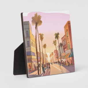 Kuststad bij zonsondergang   Waterverf palmboom aa Fotoplaat