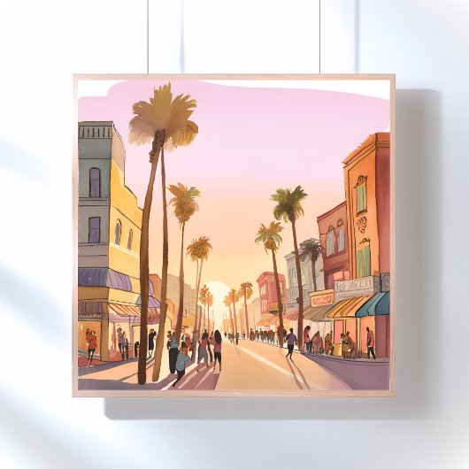 Kuststad bij zonsondergang | Waterverf palmboom aa Poster