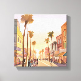 Kuststad bij zonsondergang | Waterverf van palmbom Canvas Afdruk