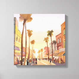 Kuststad bij zonsondergang | Waterverf van palmbom Canvas Afdruk