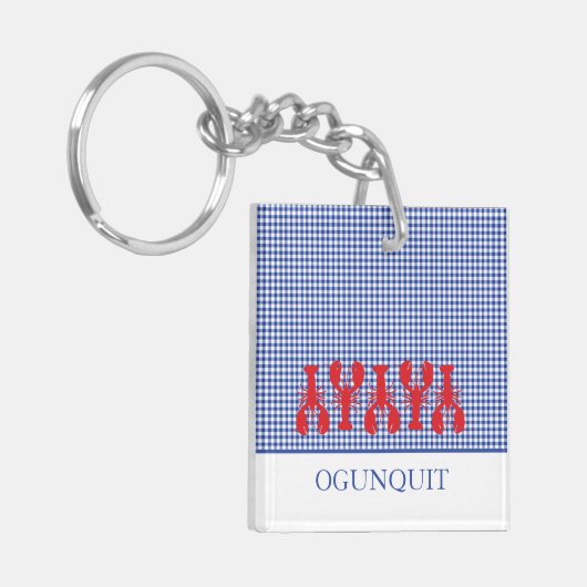 Kuststad NAAM Rode kreeften Blauw Wit Gingham Sleutelhanger (Voorkant Links)