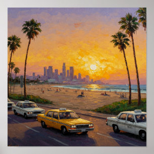 Kuststad Zonsondergang Palmboom Vierkant Poster