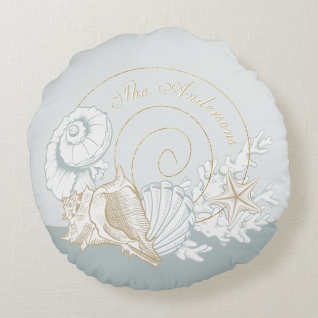 Kuststijl mooie lichtblauwe rode koraal tan rond kussen (Achterkant)