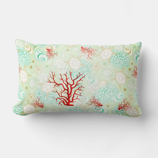 Kuststijl mooie turkooizen blauwgroen rood koraal  kussen (Voorkant)