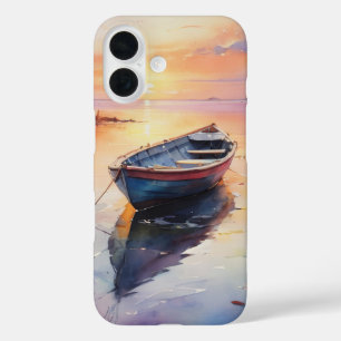Kuststijl rawboat bij zonsondergang iPhone 16 hoesje