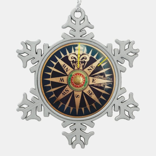 kuststrand antiek kompas tin sneeuwvlok ornament (Voorkant)