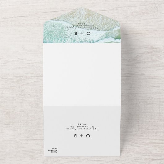 Kuststrand Bestemming QR Code RSVP Bruiloft All In One Uitnodiging (Buitenkant)