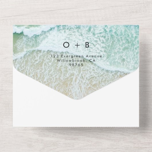 Kuststrand Bestemming QR Code RSVP Bruiloft All In One Uitnodiging (Achterkant)