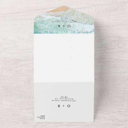 Kuststrand Bestemming QR Code RSVP Bruiloft All In One Uitnodiging (Buitenkant)