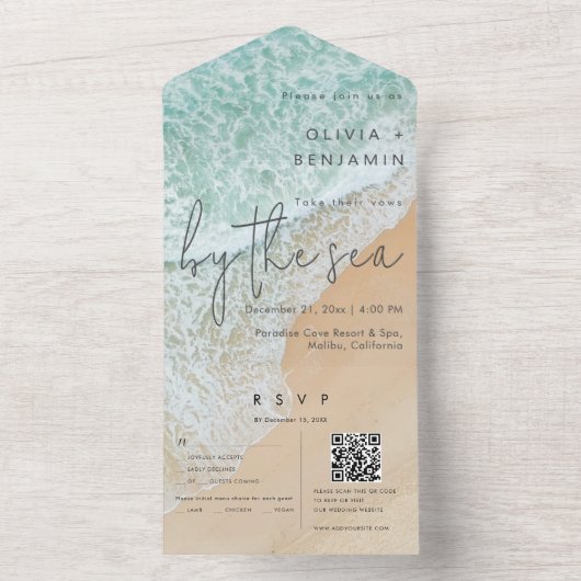 Kuststrand Bestemming QR Code RSVP Bruiloft All In One Uitnodiging (Binnen)