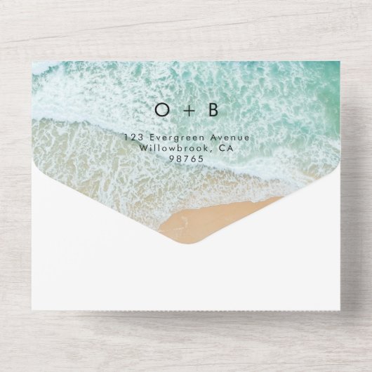 Kuststrand Bestemming QR Code RSVP Bruiloft All In One Uitnodiging (Achterkant)