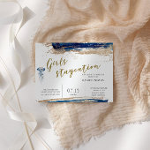 Kuststrand Blauw en Gouden Bruidsfeest Folie Uitnodiging