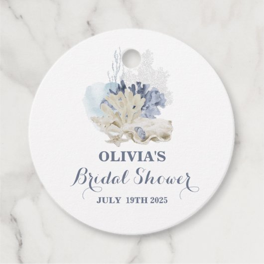 Kuststrand blauwe schelp bruidsmeisjesfeest bedankjes labels (Voorkant)