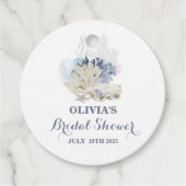 Kuststrand blauwe schelp bruiloftsdouche bedankjes labels (Voorkant)