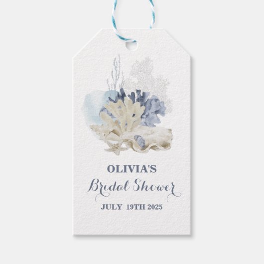 Kuststrand blauwe zeeschelp bruidsdouche cadeaulabel (Voorkant)