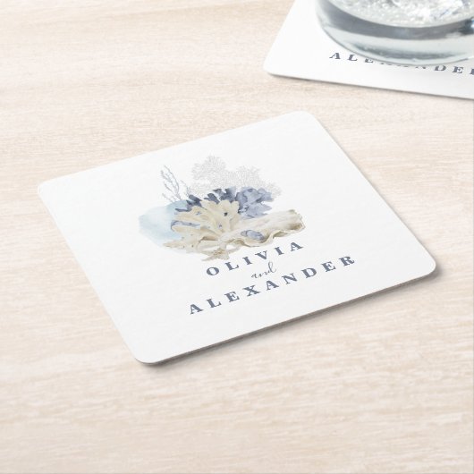 Kuststrand blauwe zeeschelp bruiloft kartonnen onderzetters (Schuin)