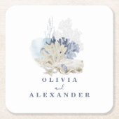 Kuststrand blauwe zeeschelp bruiloft kartonnen onderzetters (Voorkant)