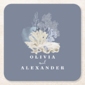 Kuststrand blauwe zeeschelp bruiloft kartonnen onderzetters (Voorkant)