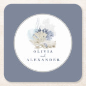 Kuststrand blauwe zeeschelp bruiloft kartonnen onderzetters (Voorkant)