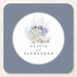 Kuststrand blauwe zeeschelp bruiloft kartonnen onderzetters