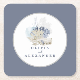 Kuststrand blauwe zeeschelp bruiloft kartonnen onderzetters