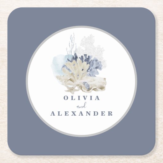 Kuststrand blauwe zeeschelp bruiloft kartonnen onderzetters (Voorkant)