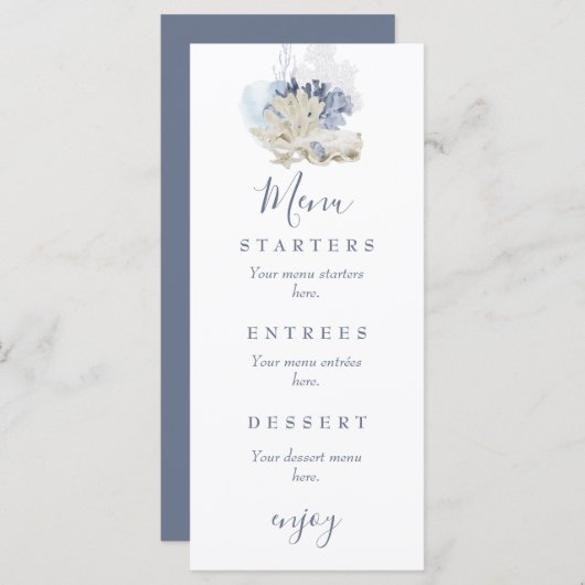 Kuststrand blauwe zeeschelp bruiloft menu (Voorkant / Achterkant)