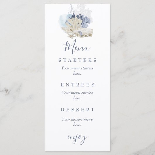 Kuststrand blauwe zeeschelp bruiloft menu (Voorkant)