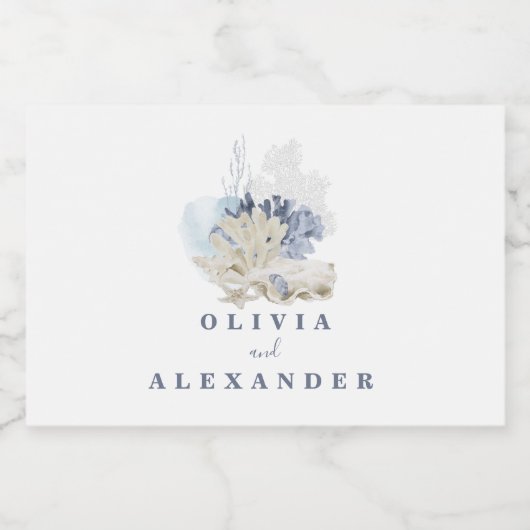 Kuststrand blauwe zeeschelp bruiloft sparkling wijnetiket (Enkel label)