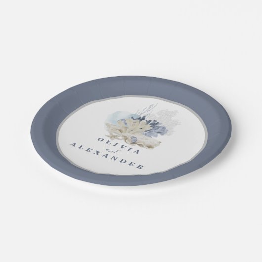 Kuststrand blauwe zeeschelphuwelijk papieren bordje (Gekanteld)