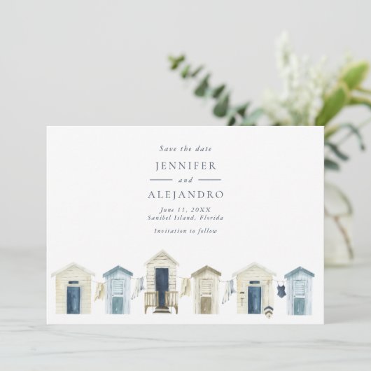 Kuststrand bruiloft foto save the date (Staand voorkant)