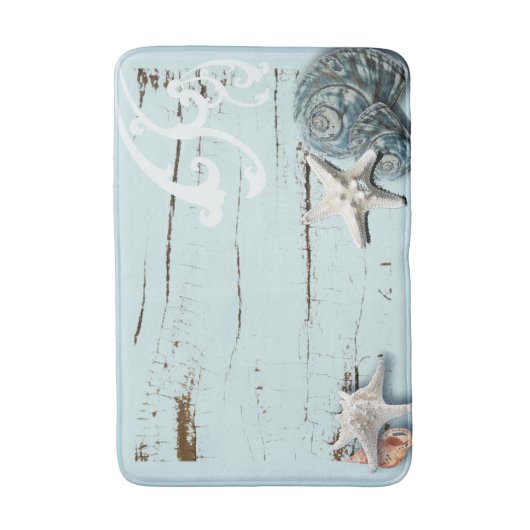 Kuststrand hout aqua blauwe zeesterren schelpen badmat (Voorkant Verticaal)