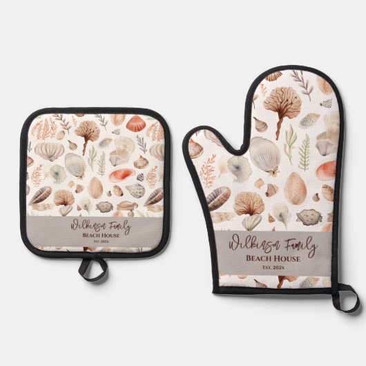 Kuststrand huis aan zee schelpen ovenwant & pannenlap set (Voorkant)