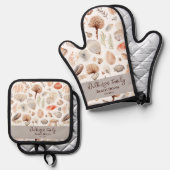 Kuststrand huis aan zee schelpen ovenwant & pannenlap set (Voorkant / Achterkant)