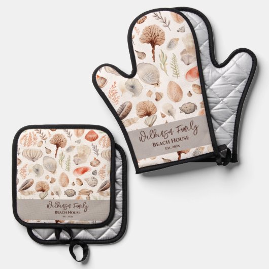Kuststrand huis aan zee schelpen ovenwant & pannenlap set (Voorkant / Achterkant)