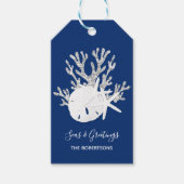 Kuststrand kerstmarineblauw cadeaulabel (Voorkant)