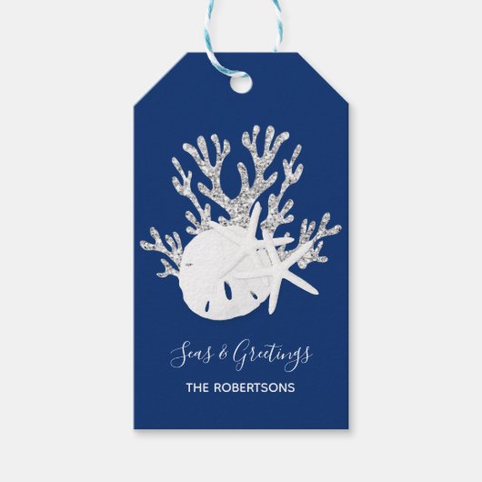 Kuststrand kerstmarineblauw cadeaulabel (Voorkant)