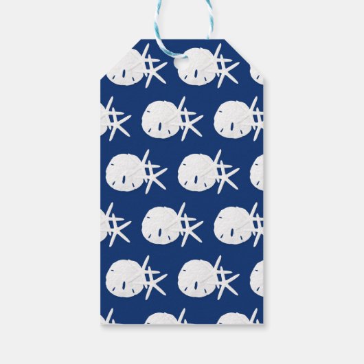 Kuststrand kerstmarineblauw cadeaulabel (Achterkant)